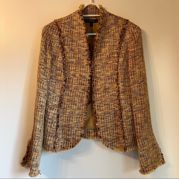 LAFAYETTE 148 New York Tweed Blazer Fringe Trim Sz 8 Brown Gold Boucle Jacket - Picture 1 of 8